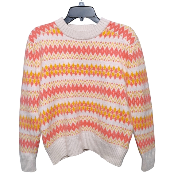 J. Crew Pink Orange Geometric Stripe Cashmere Crew Sweater Women's Size Medium - Picture 10 of 10